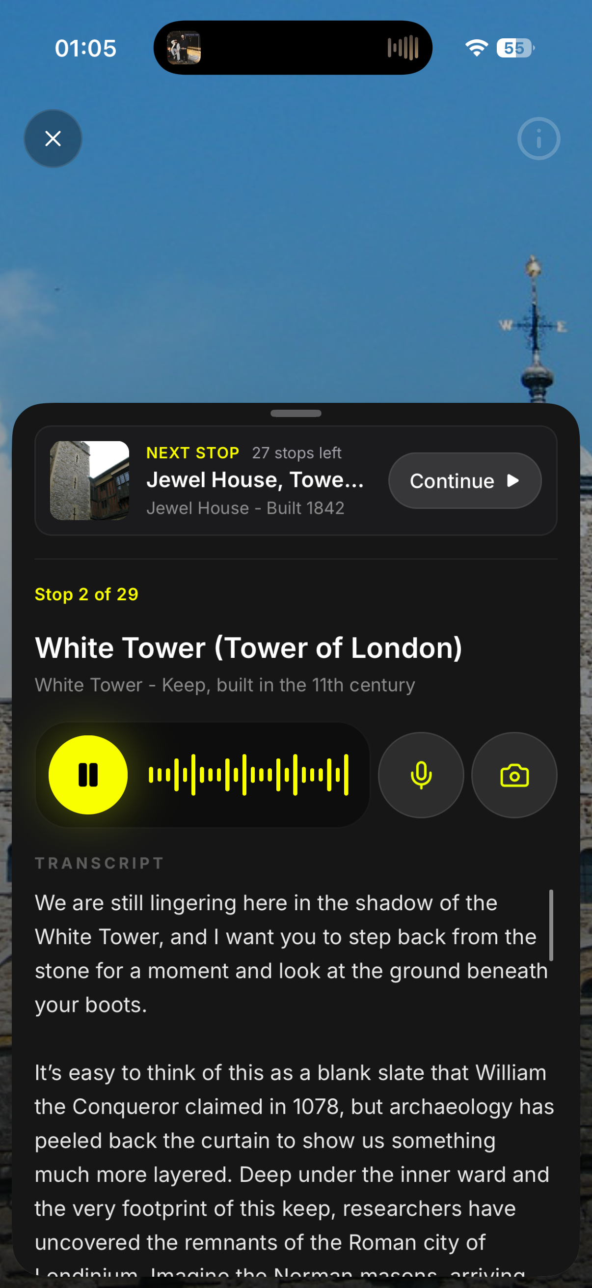 TEVEL app showing live voice narration at White Tower, Tower of London