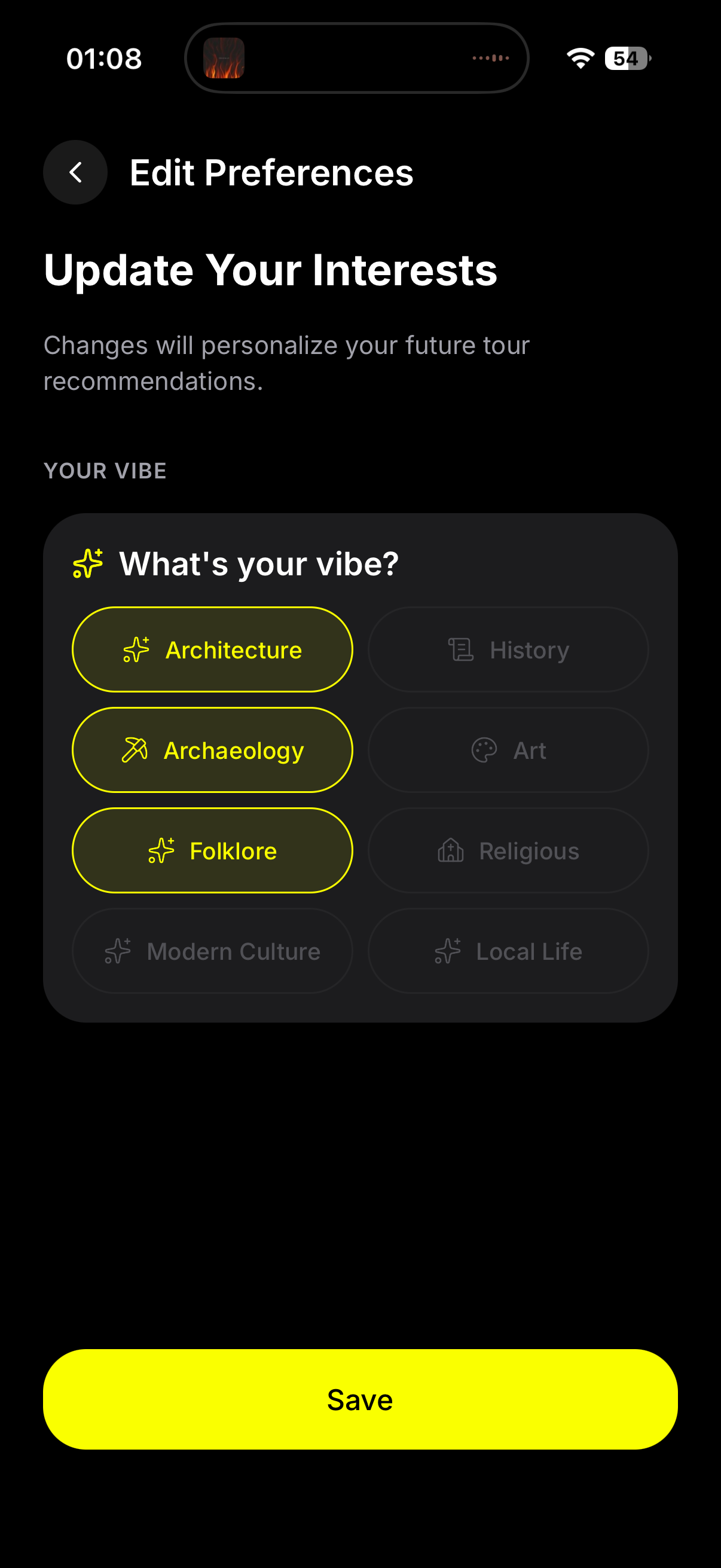 Edit preferences - personalize tour vibe